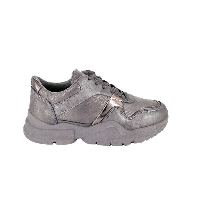 Sneakers Δετό με Συνδυασμό Υλικών και Glitter Λεπτομέρειες  Grey  SPECIAL PRICE
