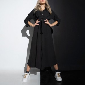 Γυναικείο Midi Φόρεμα με Κουμπιά και Ζωνάκι Μαύρο