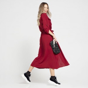 Γυναικείο Midi Φόρεμα με Κουμπιά και Ζωνάκι Κόκκινο