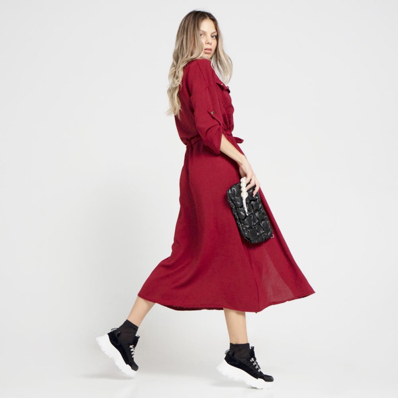 Γυναικείο Midi Φόρεμα με Κουμπιά και Ζωνάκι Red ΕΝΔΥΣΗ