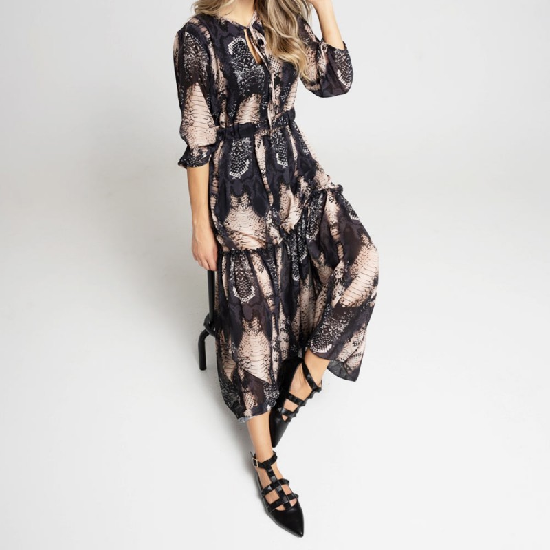 Γυναικείο Δίχρωμο Maxi Φόρεμα με Snake Print  Μαύρο 