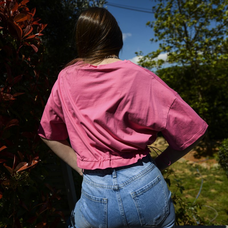 Γυναικεία Crop top Μπλούζα με Σούρες στο πλάι  Pink NEW IN